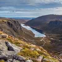 Looking out over the remote and wild Loch Avon deep in the Cairngorm National Park, Scotland