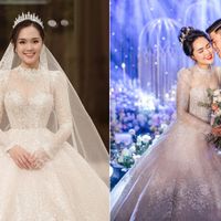 Chiếc váy được nhắc đến nhiều hơn cả thuộc về công chúa béo Quỳnh Anh - cô dâu của cầu thủ Duy Mạnh. Thiết kế 2 trong 1 với kỹ thuật may tách thân, cho phép cô dâu có thể thay đổi từ váy cưới dài bồng bềnh sang váy tea-length trong chớp mắt. Khoảng 8.000 hạt đá pha lê Swarovski nhập Áo được đính trên thân váy, riêng phần cổ áo là 1.000 hạt. Thời gian để hoàn thiện váy chỉ một tháng nên 10 người thợ đã được huy động để hiện thực hóa ý tưởng của nhà thiết kế. Mỗi thợ may đều phải tuân thủ đúng quy định rửa tay 3 lần (2 nóng - 1 lạnh) để giúp họ có cảm nhận thật nhất khi sờ tay trên từng thớ vải và giữ chiếc váy trắng tinh tươm.