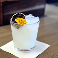 Pale white cocktail with dried blood orange and marigold. 