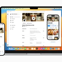 Bảng điều khiển Apple Business Connect hiển thị trên MacBook Pro và iPhone.