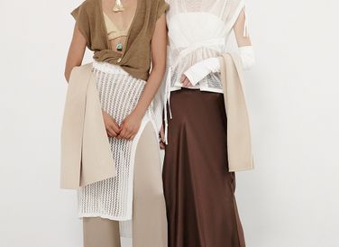 LEFT – Top, Jacquemus. Bralette, Camilla and Marc. Necklaces (top to bottom), Vintage Monet from Attico Oro Vintage, and Karen Liberman. Dress worn as skirt, Melissa Odabash. Pant, Vince. Shoes, Miista from Zomp. Scarf, Toteme. RIGHT – Earrings, Bottega Venetta. Necklace, Marina E Susanna from The Object Room. Top, Alpha60. Bralette, Helsa. Skirt, Sir the Label. Sleeve cut from top, Cos. Shoes, Balenciaga.