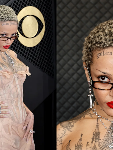 Trang phục xuyên thấu của Doja Cat cũng được nổi bật hơn bởi đôi môi đỏ sẫm. Thêm vào đó,  lớp nền tệp vào da, đôi lông mày mảnh như bút chì và đường kẻ mắt “cực bén” đã làm tăng thêm vẻ sắc sảo cho diện mạo của nữ rapper.