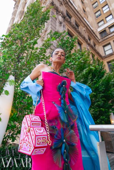 Dress, Tube Gallery. Necklace, Samantha Siu. Bag, Scatola. Shoes, Britt Netta. Robe, Hiromi Asai.