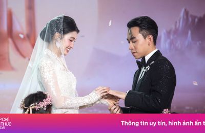 Phương Nhi diện váy cưới ren cạnh chồng Minh Hoàng