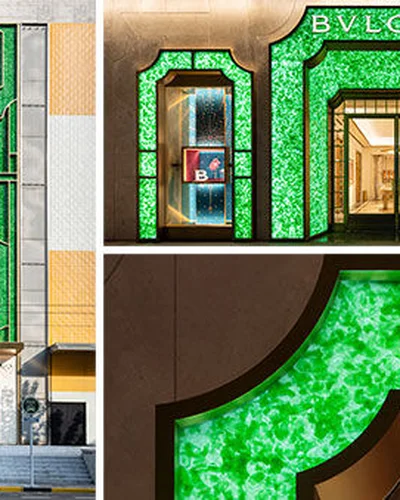 BVLGARI nhuộm màu flagship bằng hàng vạn chai thủy tinh
