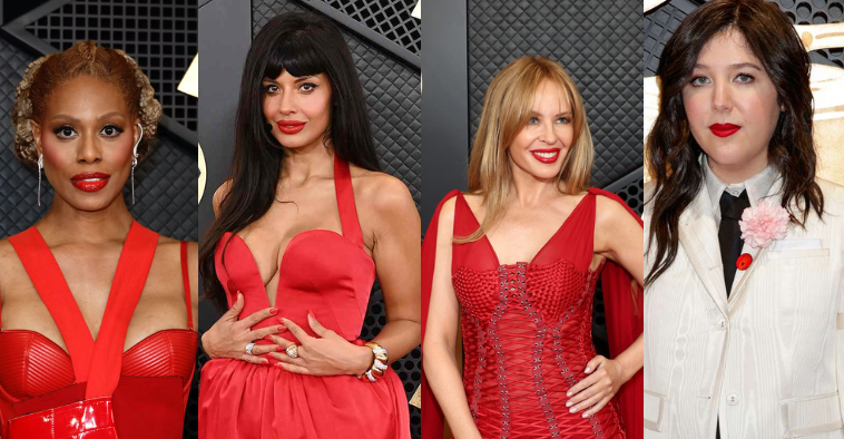 Những nghệ sĩ khác cũng không nằm ngoài xu hướng này. (Từ trái sang) Diễn viên Laverne Cox,“bông hồng nước Anh” Jameela Jamil, nữ ca sĩ/ diễn viên Kylie Minogue, ca sĩ Dacus (nhóm nhạc Boygenius) thu hút tất cả sự chú ý vào đôi môi đỏ rực, căng mọng của mình.