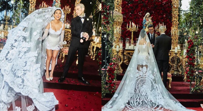 Lễ cưới của Kourtney Kardashian với Travis: Xu hướng váy cưới siêu nhỏ