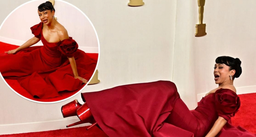 Đi giày cao 20cm, nữ diễn viên bị trượt ngã trên thảm đỏ Oscar 2024