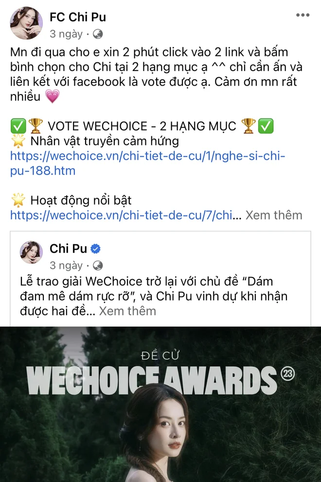 Chi Pu chính thức vượt mặt Team Hỏa Lò dẫn đầu WeChoice Awards 2023