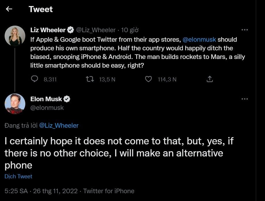 Elon Musk muốn tạo ra smartphone mới nếu Apple xóa Twitter khỏi App Store.