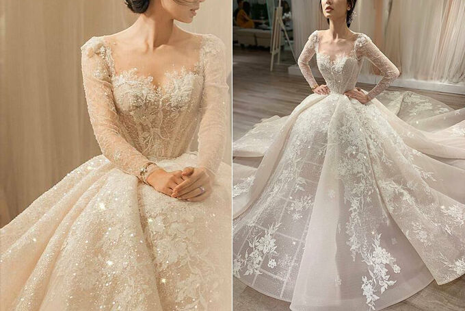 Chiếc váy haute couture đầu tiên của Phương Linh dành cho cô dâu Phương Nhung. Thiết kế tay dài được dựng phom corset với 11 gọng nẹp thân giúp định hình ba vòng gợi cảm do 10 nghệ nhân thực hiện. Họa tiết trên thân váy là những bông ren dây leo được đính thủ công kết hợp với hàng nghìn viên đá Swarovski nhiều kích cỡ. Cảm hứng để tạo nên chiếc váy đến từ vẻ đẹp của thiên nhiên ngoại ô nước Pháp: lãng mạn, tự do, phóng khoáng.