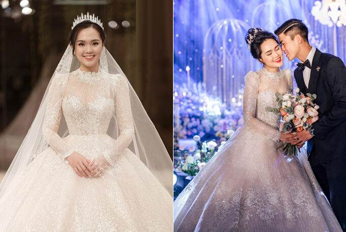 Chiếc váy được nhắc đến nhiều hơn cả thuộc về công chúa béo Quỳnh Anh - cô dâu của cầu thủ Duy Mạnh. Thiết kế 2 trong 1 với kỹ thuật may tách thân, cho phép cô dâu có thể thay đổi từ váy cưới dài bồng bềnh sang váy tea-length trong chớp mắt. Khoảng 8.000 hạt đá pha lê Swarovski nhập Áo được đính trên thân váy, riêng phần cổ áo là 1.000 hạt. Thời gian để hoàn thiện váy chỉ một tháng nên 10 người thợ đã được huy động để hiện thực hóa ý tưởng của nhà thiết kế. Mỗi thợ may đều phải tuân thủ đúng quy định rửa tay 3 lần (2 nóng - 1 lạnh) để giúp họ có cảm nhận thật nhất khi sờ tay trên từng thớ vải và giữ chiếc váy trắng tinh tươm.