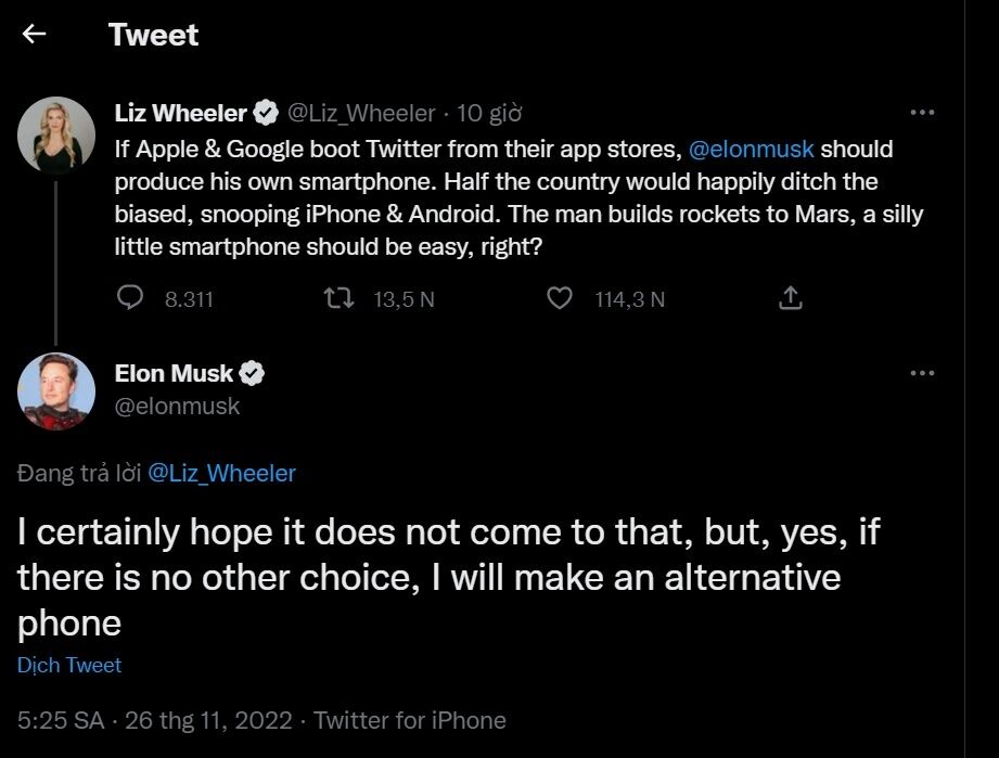 Elon Musk muốn tạo ra smartphone mới nếu Apple xóa Twitter khỏi App Store.