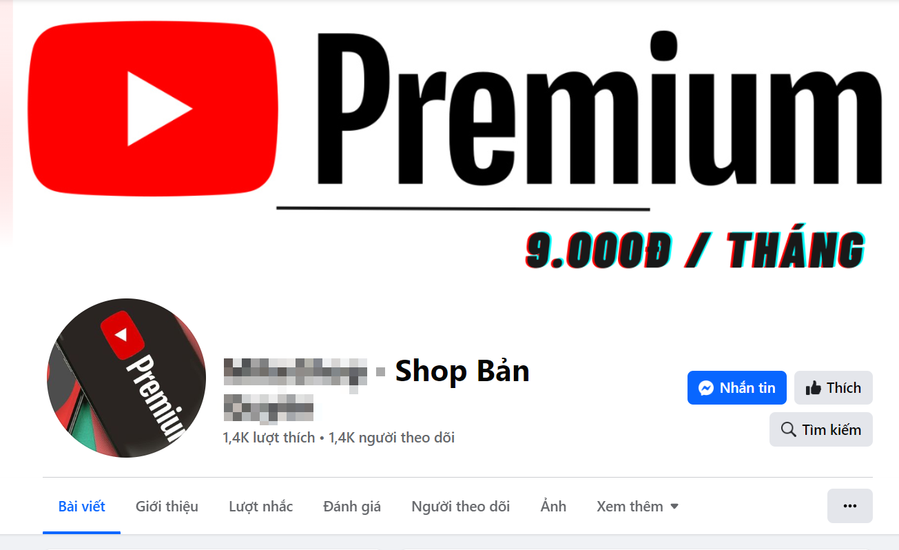 Một trang Facebook rao bán gói gói YouTube Premium với giá chỉ 9.000 đồng/tháng.