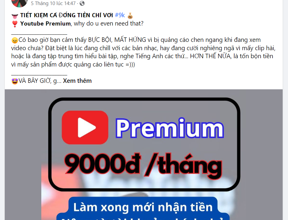 Chào bán gói cước gói YouTube Premium với giá chỉ 9.000 đồng/tháng có thể là chiêu lừa đảo trực tuyến mới mà người dùng cần cảnh giác. Ảnh chụp màn hình