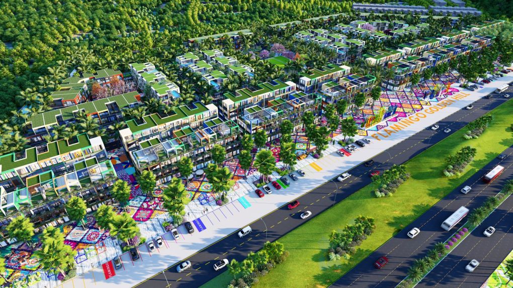 Phối cảnh dãy shophouse Flamingo Golden Hill nhìn từ trên cao. Ảnh: Flamingo Holdings