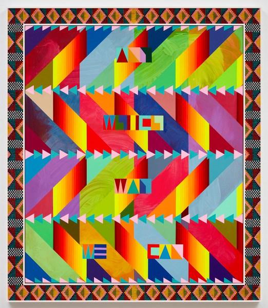 Jeffrey Gibson: Any Which Way We can, 2023, acrylic on canvas, glass beads, artificial sinew, inset to custom wood frame, 74 3/4 by 64 3/4 inches.