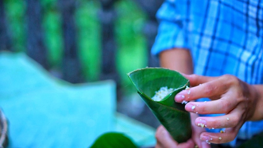 Gạo nếp được lèn chặt trong lá chuối, lá dong.