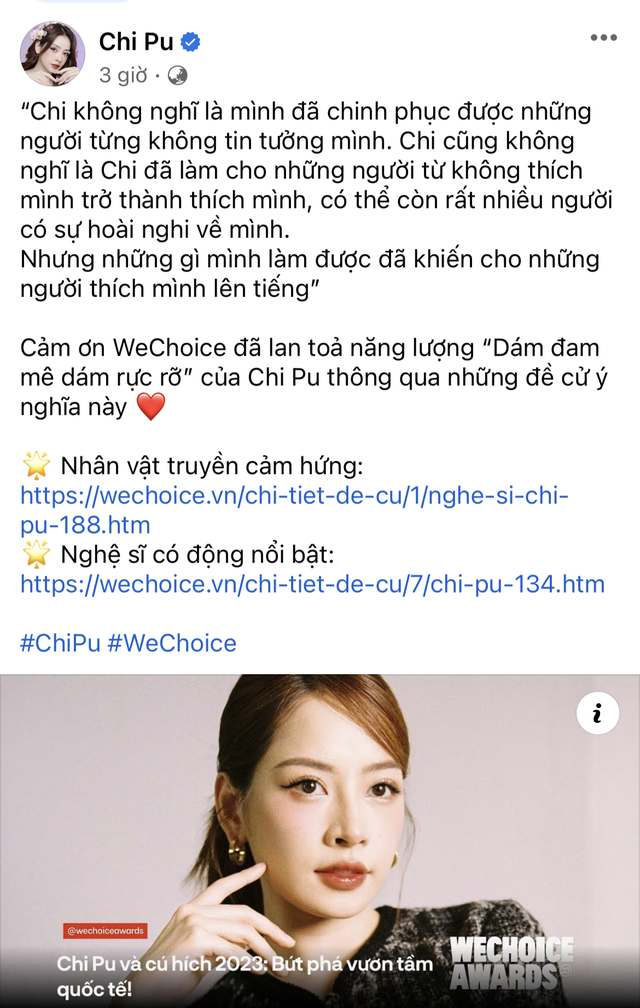 Chi Pu chính thức vượt mặt Team Hỏa Lò dẫn đầu WeChoice Awards 2023