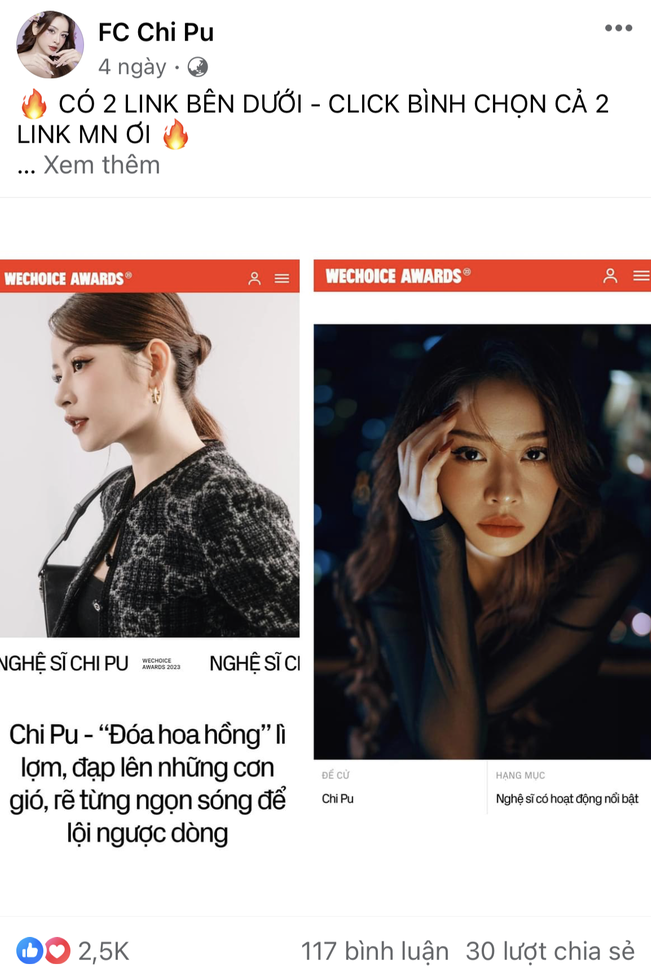 Chi Pu chính thức vượt mặt Team Hỏa Lò dẫn đầu WeChoice Awards 2023